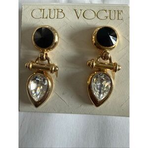 Club Vogue Women's Gold Tone Black Onyx Pear-Shaped Crystal Drops Earrings NWT
